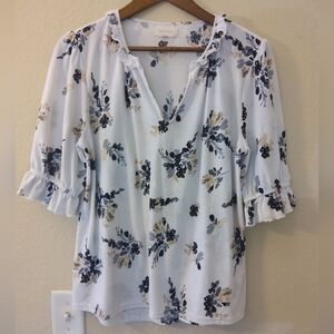 Melloday Blouse Womens Medium White Black Cream Floral Textured Knit Ruffle Trim